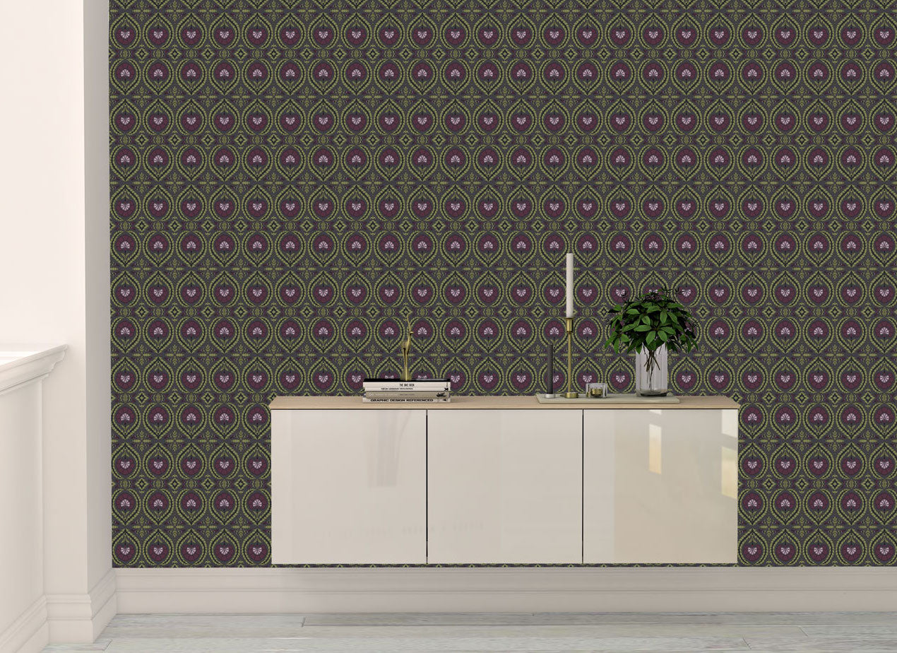 Wallpaper Acanthus and Wreath Grape and Green on Coffee - £37.50 per sq metre