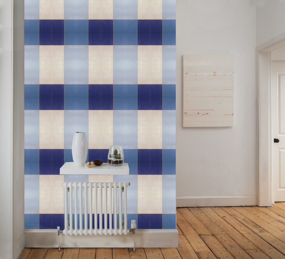 Blue and white gingham wallpaper