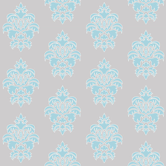 Wallpaper Damask Flower Blue On Grey - £37.50 per sq metre