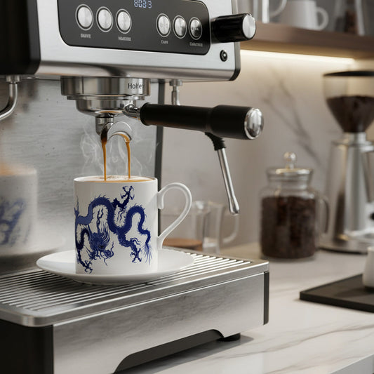 White bone china mug with a blue dragon design at a coffee machine