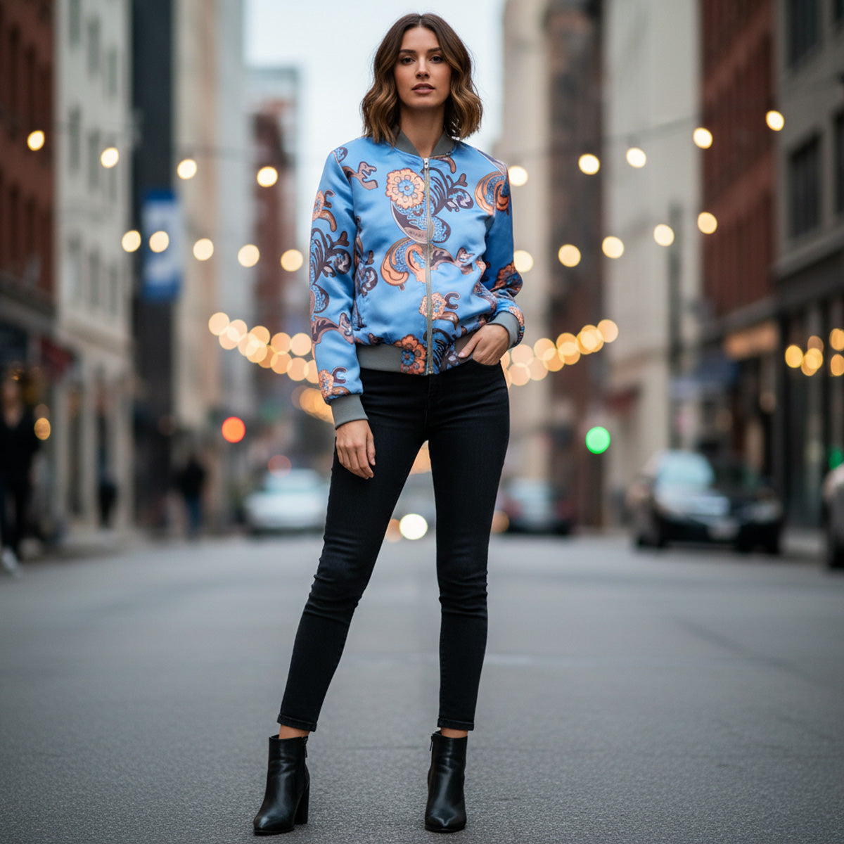 Blue satin bomber jacker with tan and orage lace pattern andgrey jersey trim