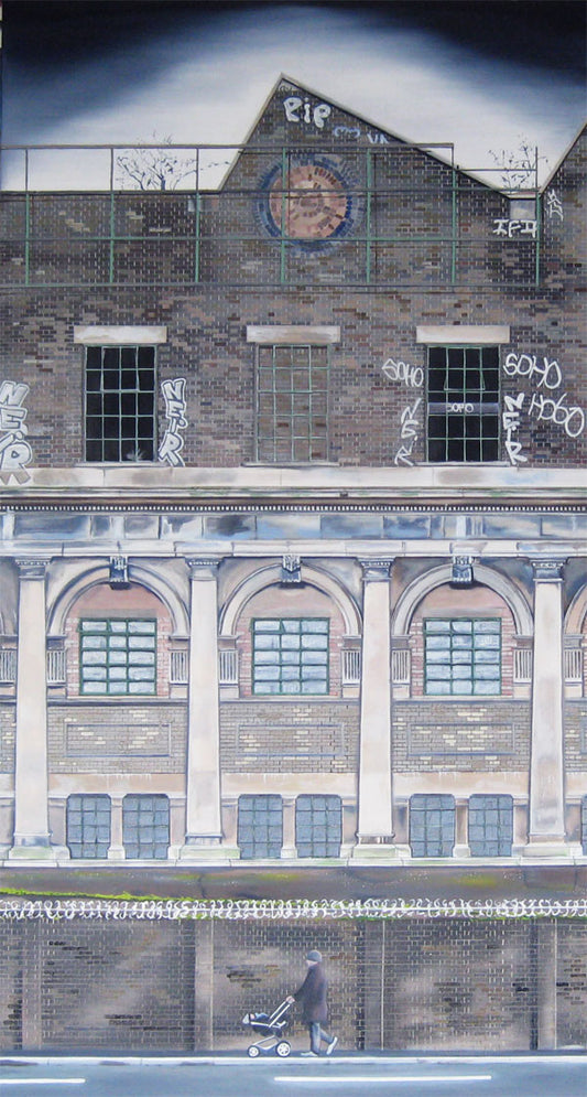 Oil Painting 130 x 70 cm of  Fulham Wharf when a derelict building in London. painted by Rose Long.