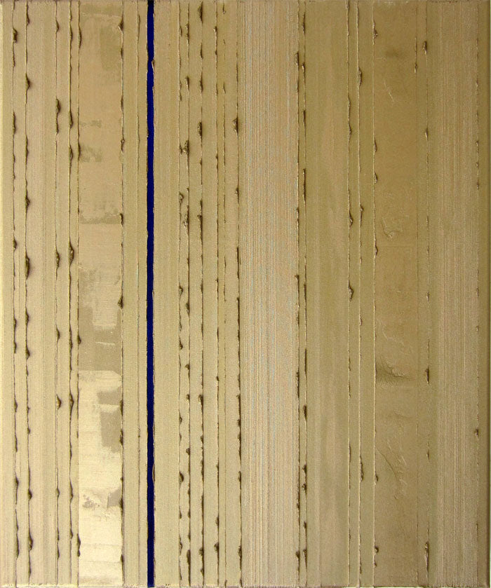 An abstract painting featuring vertical textured oil paint stripes in gold with one prominent delft blue stripe running down the centre.