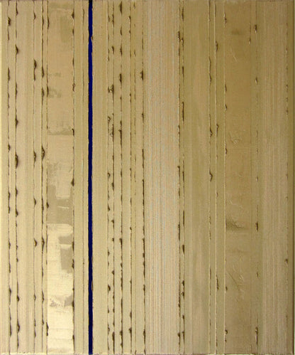 An abstract painting featuring vertical textured oil paint stripes in gold with one prominent delft blue stripe running down the centre.