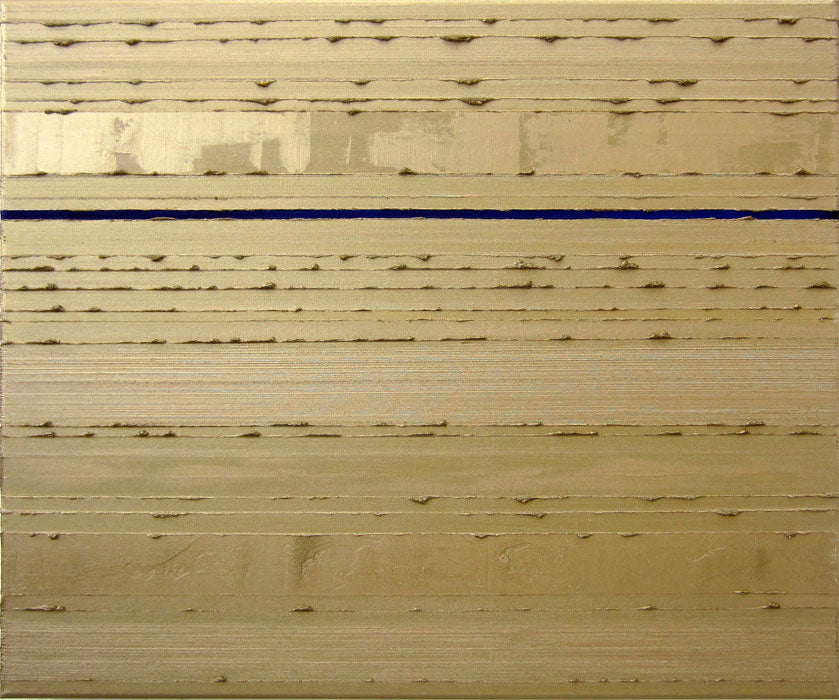 An abstract painting featuring vertical textured oil paint stripes in gold with one prominent delft blue stripe running across the centre.