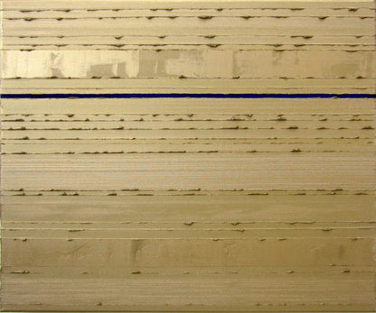 An abstract painting featuring vertical textured oil paint stripes in gold with one prominent delft blue stripe running across the centre.