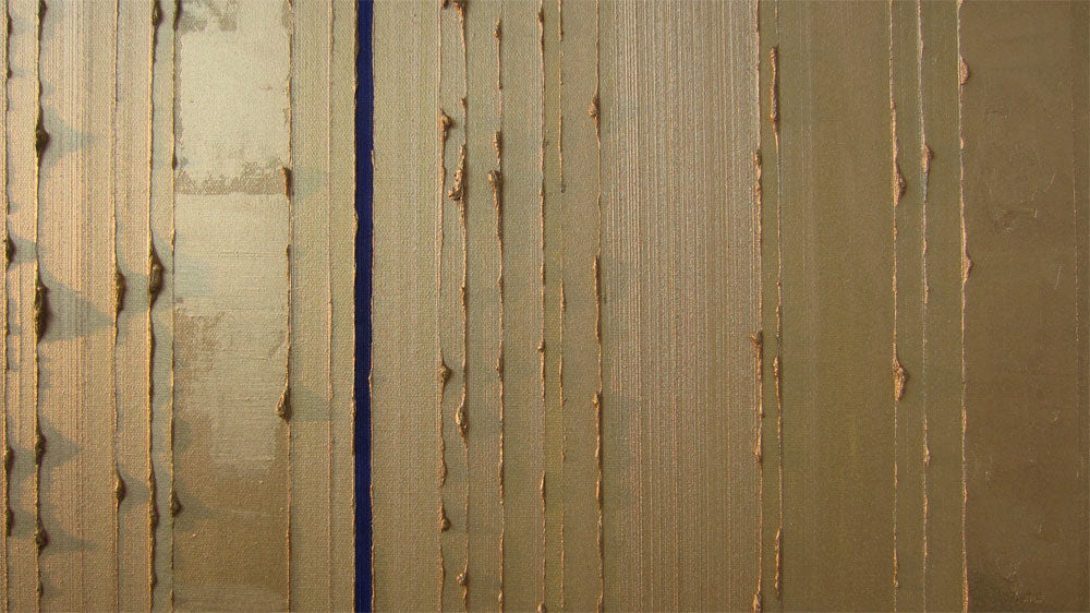 An detail of an abstract textured stripes painting featuring vertical metallic gold stripes with a single prominent dark delft blue vertical line running down the centre.