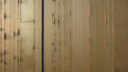 An detail of an abstract textured stripes painting featuring vertical metallic gold stripes with a single prominent dark delft blue vertical line running down the centre.