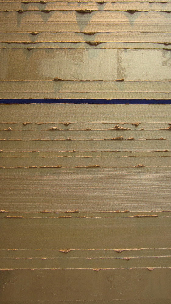 A detail of an abstract painting featuring vertical textured oil paint stripes in gold with one prominent delft blue stripe running across the centre.