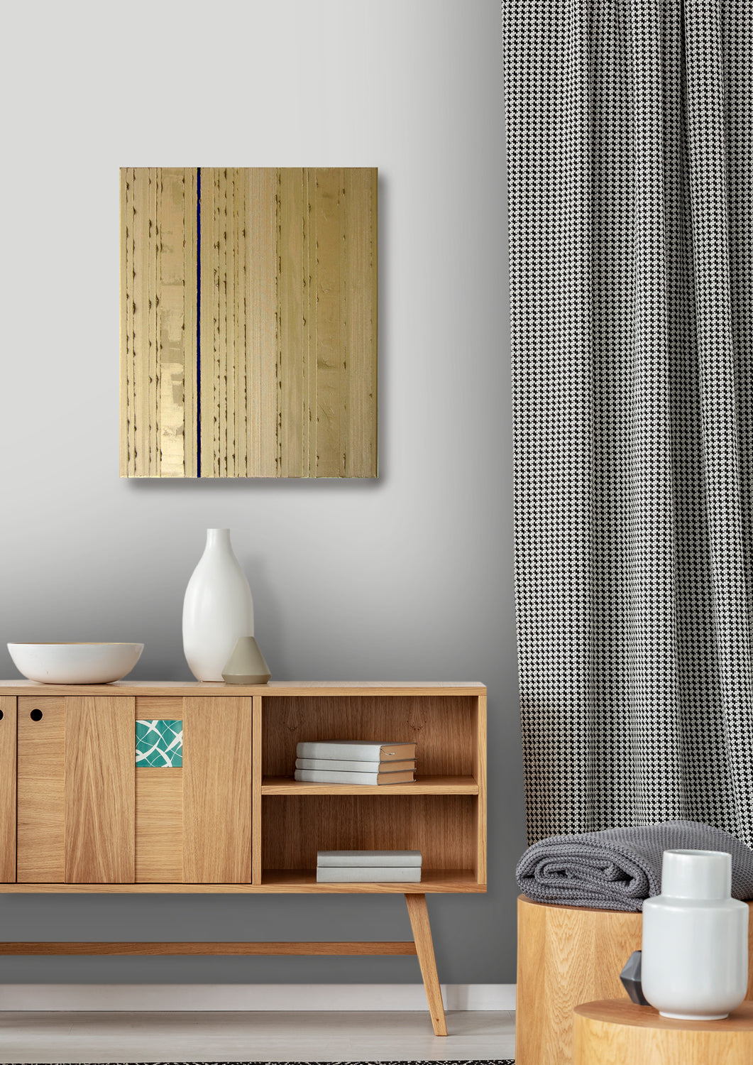 An abstract painting featuring vertical textured oil paint stripes in gold with one prominent delft blue stripe running down the centre on the wall.