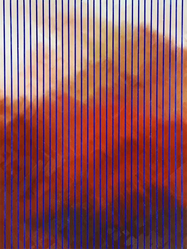 An abstract artwork featuring a textured background in oil paints of orange, red, and dark brown tones overlaid on acrylic vertical blue lines.