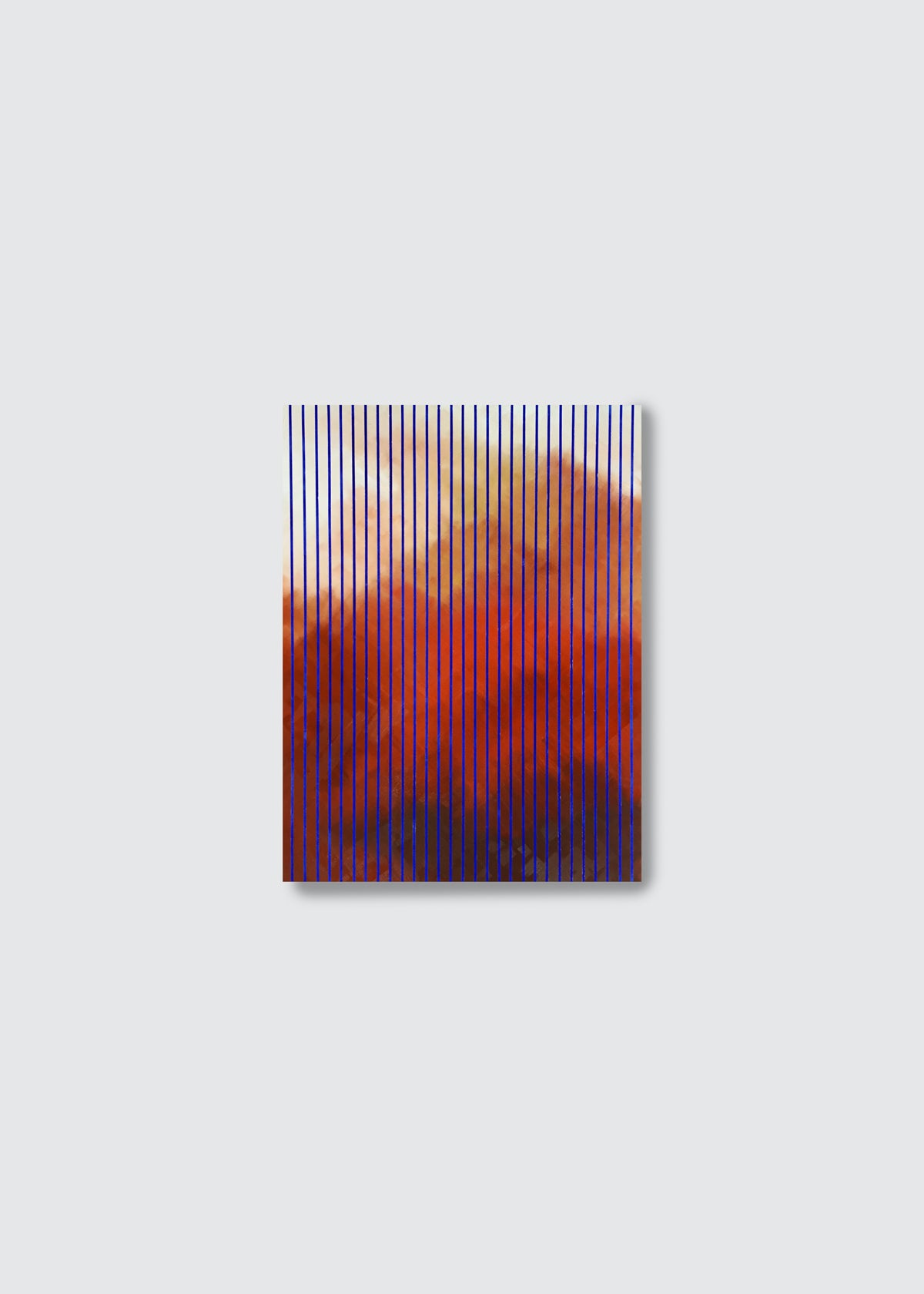 A  abstract original oil and acrylic painting featuring vertical red, orange, and blue stripes with blurred organic cloud shapes, on a light gray background.n