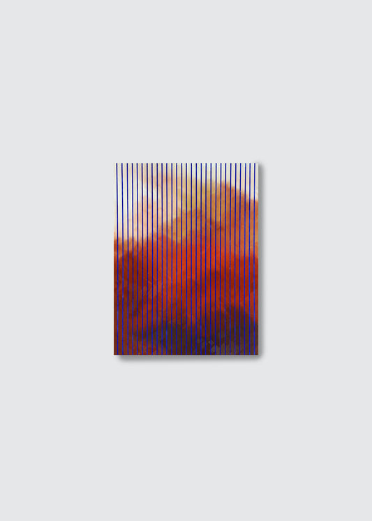 A  abstract original oil and acrylic painting featuring vertical red, orange, and blue stripes with blurred organic cloud shapes, on a light gray background.n
