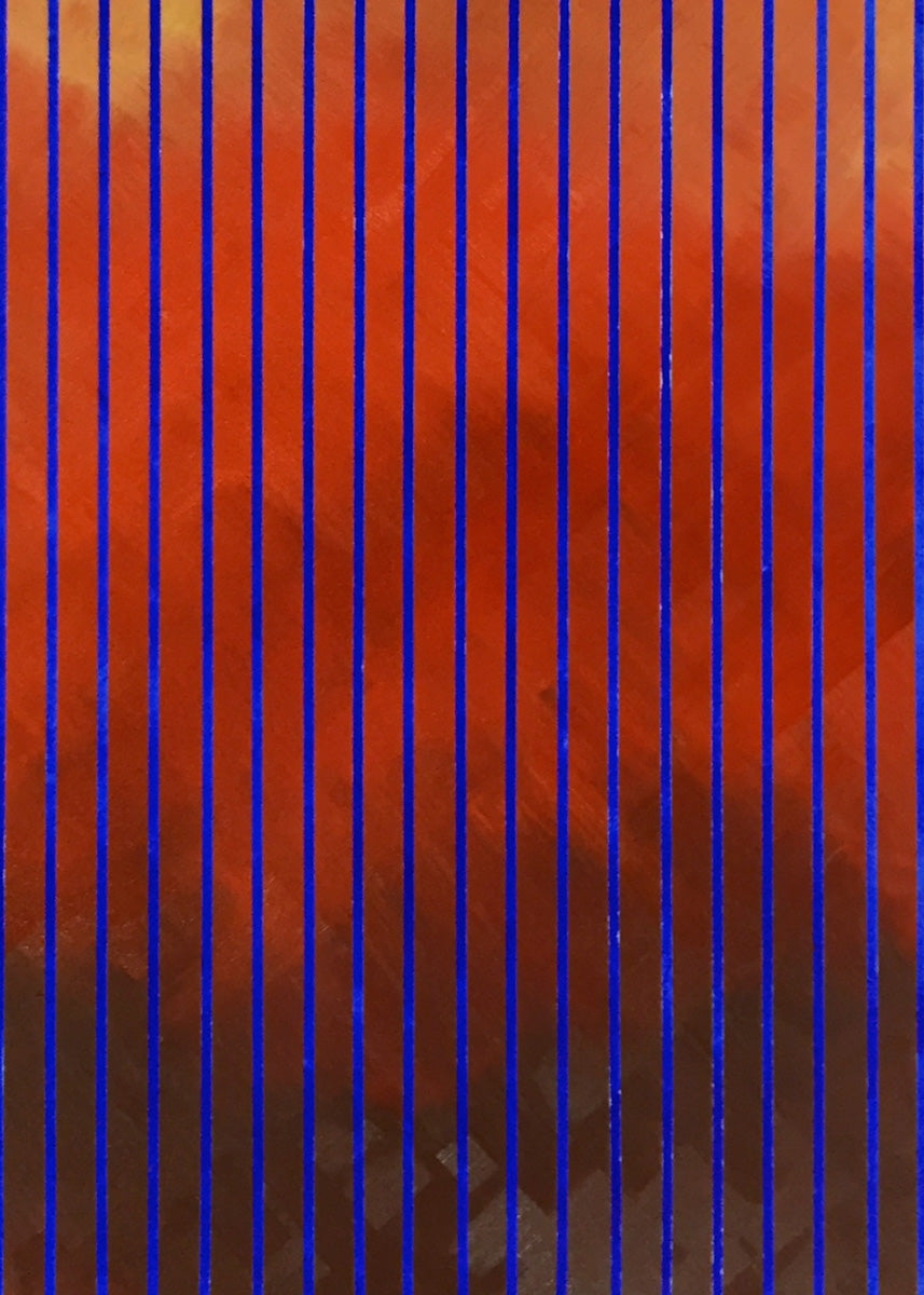 Detail of the abstract artwork featuring a textured orange and red background overlaid with vertical blue stripes.