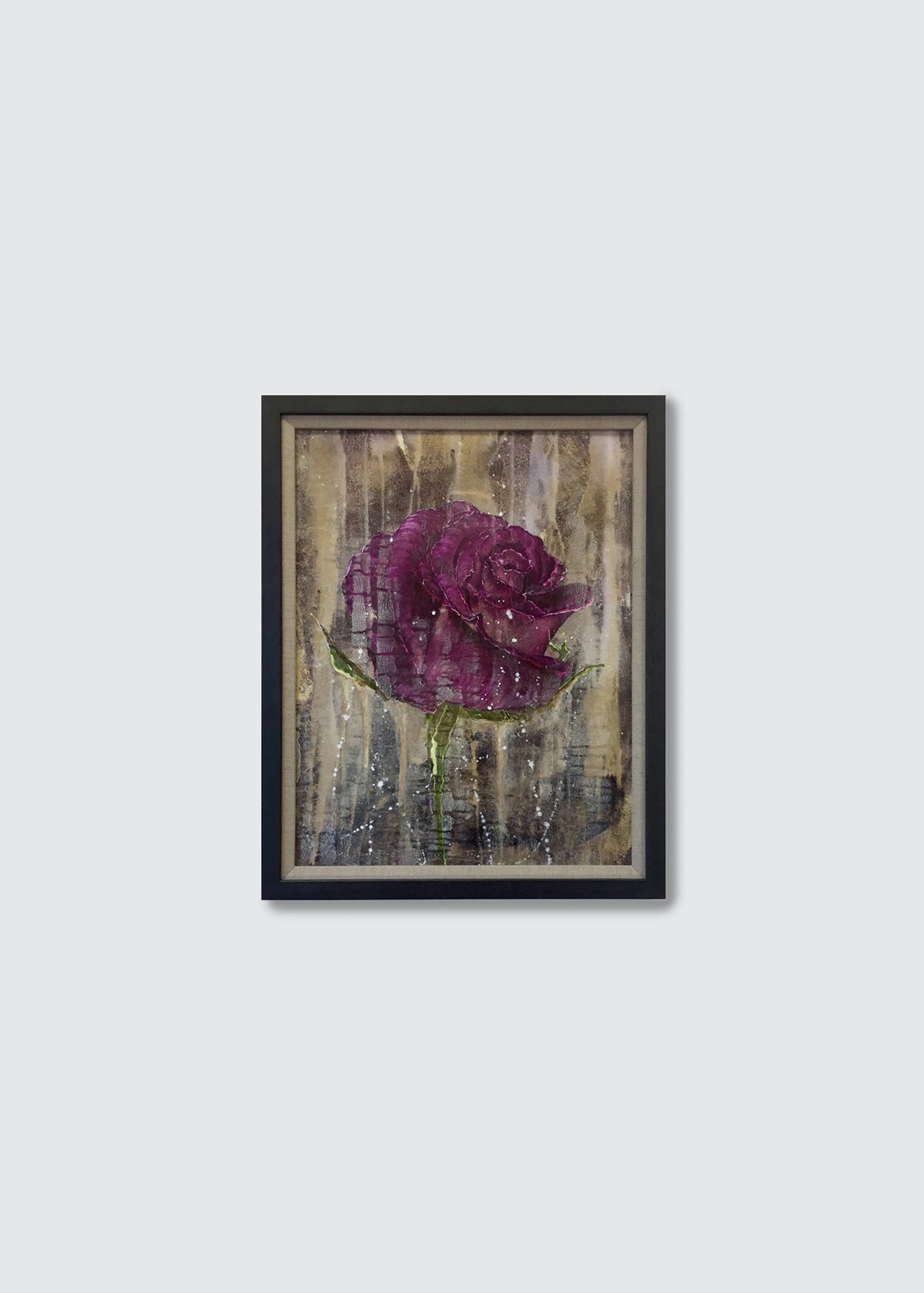 Framed acrylic painting featuring a textured purple rose on a distressed beige and gray background, displayed against a light gray wall.