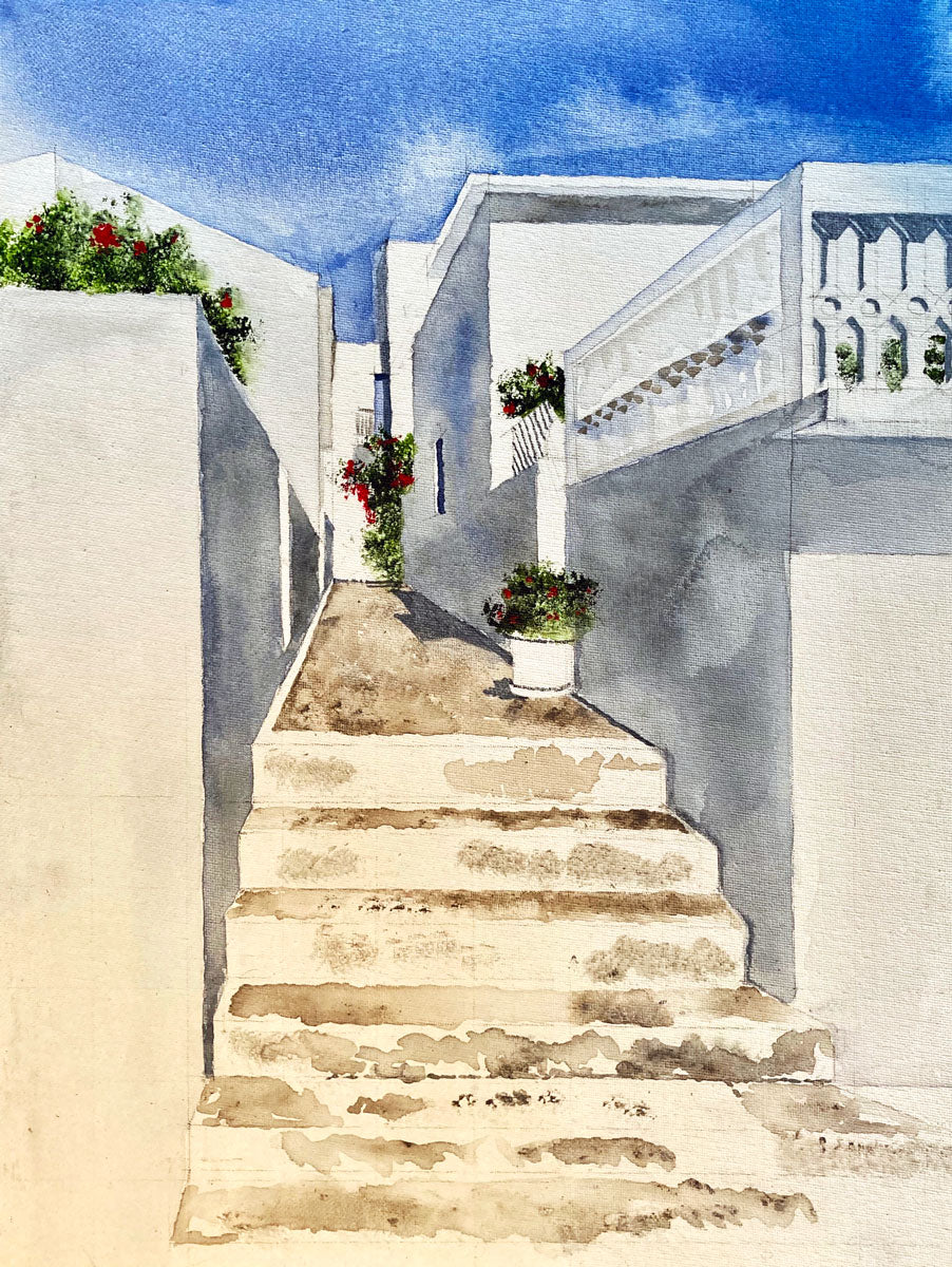 Acrylic painting of a Mediterranean-style staircase leading up between white buildings under a bright blue sky, with potted red flowers along the path.