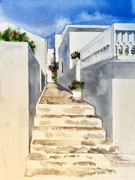 Acrylic painting of a Mediterranean-style staircase leading up between white buildings under a bright blue sky, with potted red flowers along the path.
