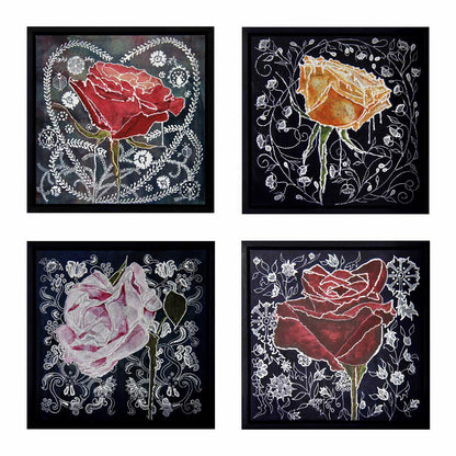 Set of four framed art acrylic paintings featuring stylised rose illustrations in red, orange and pink and crimson tones with white floral vine patterns on black backgrounds.