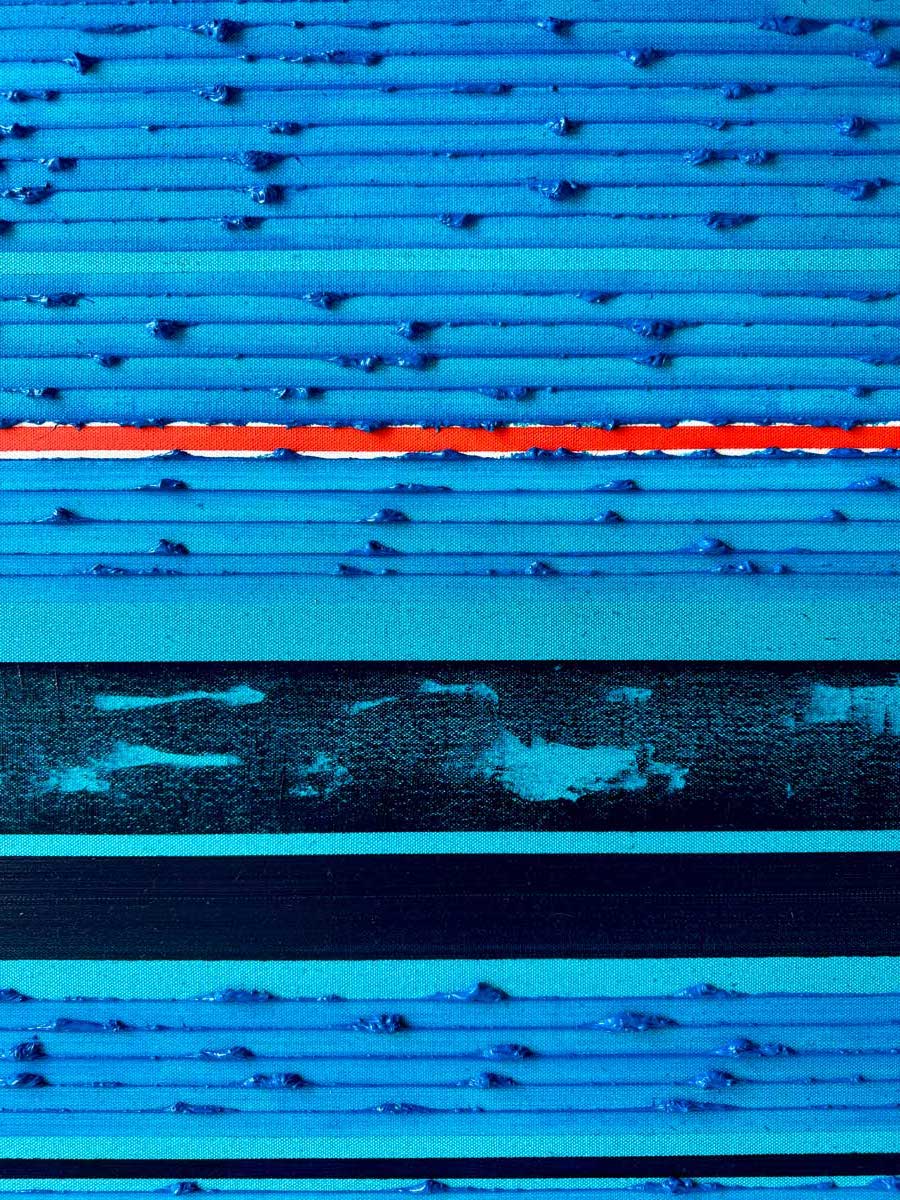 Detail of an abstract textured artwork featuring horizontal bands of bright turquoise, blue, navy and a single vivid orange stripe running across the centre.