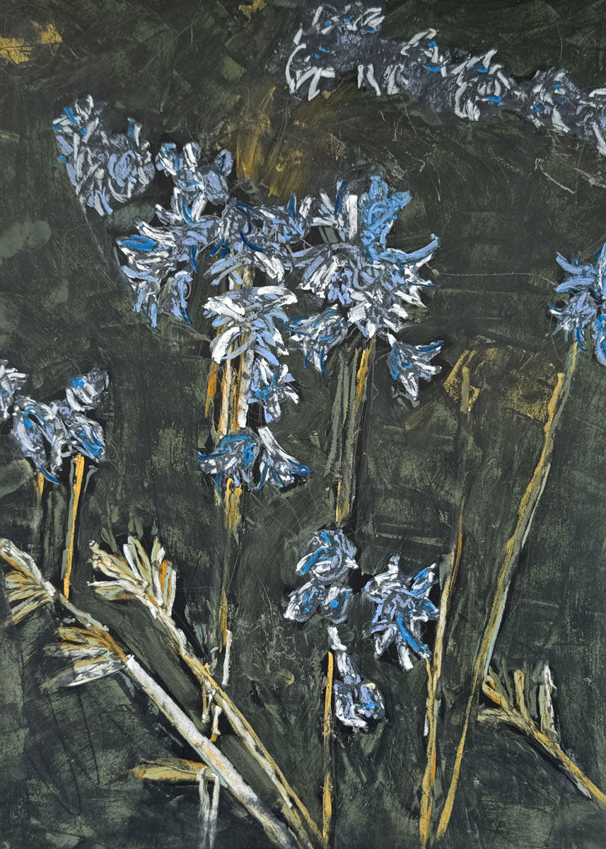 An expressive painting in pastels of bluebell wildflowers with textured brushstrokes on a dark green and black background.