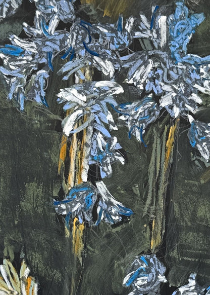 An abstract painting depicting bluebell flowers with textured brushstrokes in pastels on a dark green and black background.