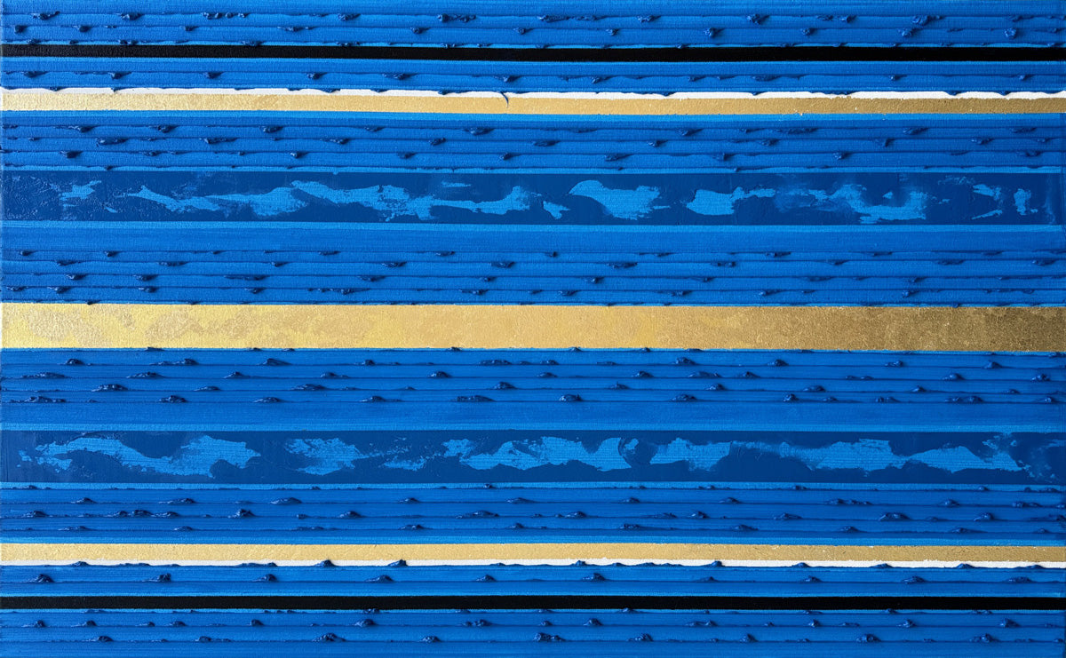 A manganese blue textured oil painting horizontal metallic gold stripes.