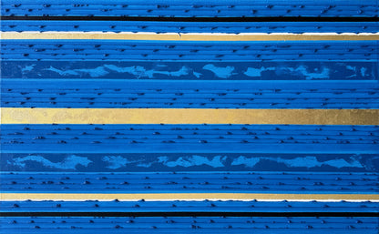 A manganese blue textured oil painting horizontal metallic gold stripes.