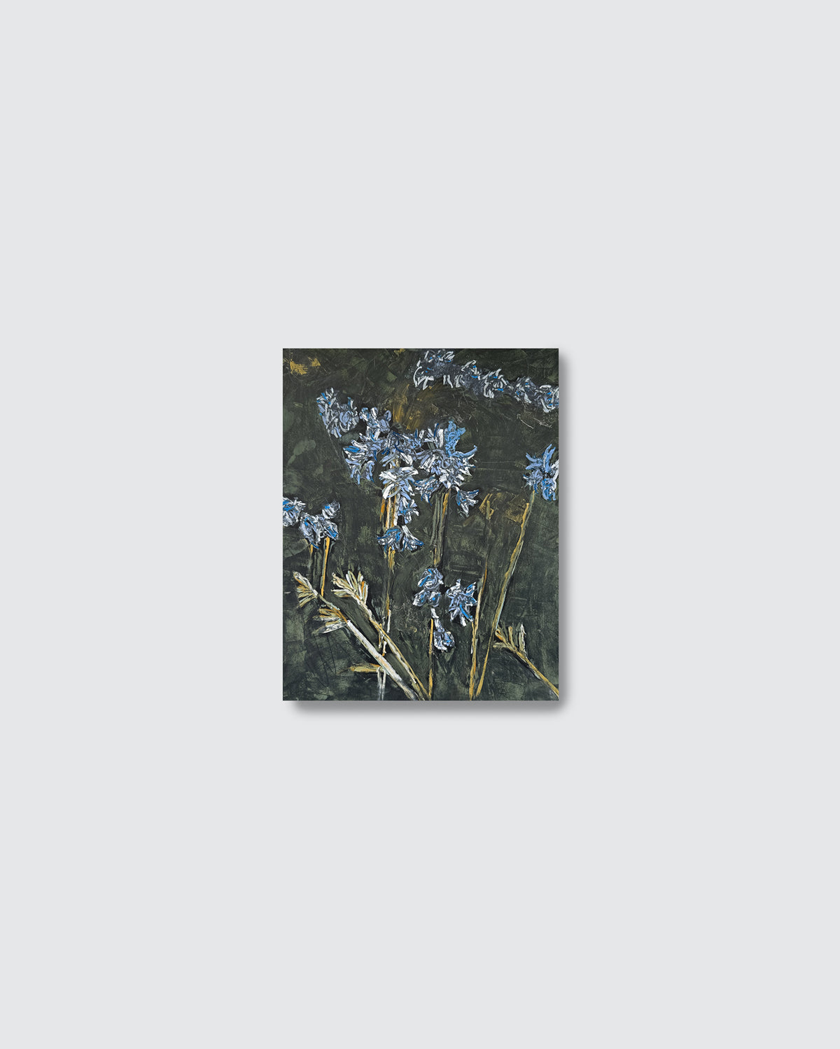 A vertical rectangular painting in pastels featuring blue wildflowers with green and brown stems on a dark textured background, centered on a light gray backdrop.