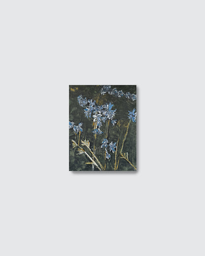 A vertical rectangular painting in pastels featuring blue wildflowers with green and brown stems on a dark textured background, centered on a light gray backdrop.