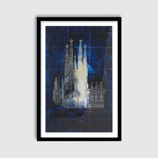 Framed artwork of a architectural design of the Sagrada Familia on a blue grid background