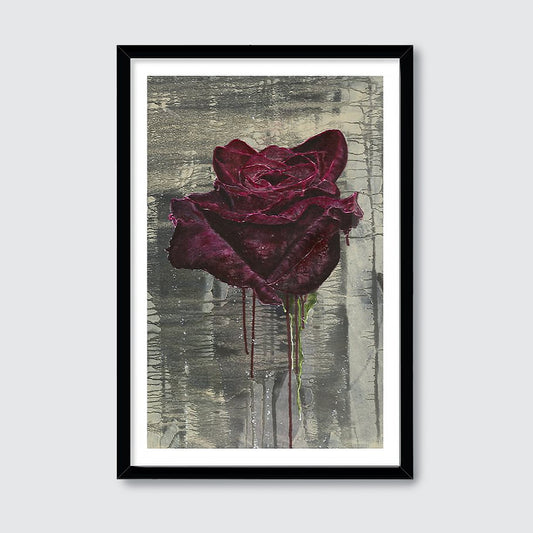 Framed artwork of a dark red rose on a textured gray background