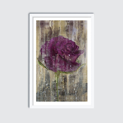 Framed artwork of a purple rose on a textured background