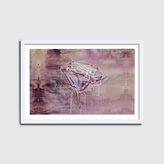 Framed abstract art print with a rose design on a textured violet background.