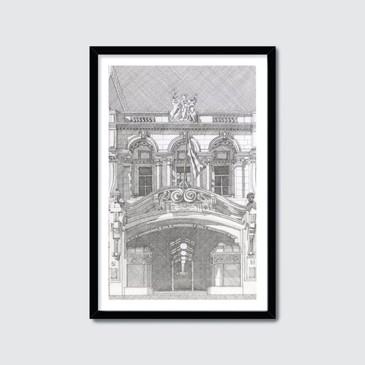 Framed black and white architectural drawing of Burlington Arcade 
