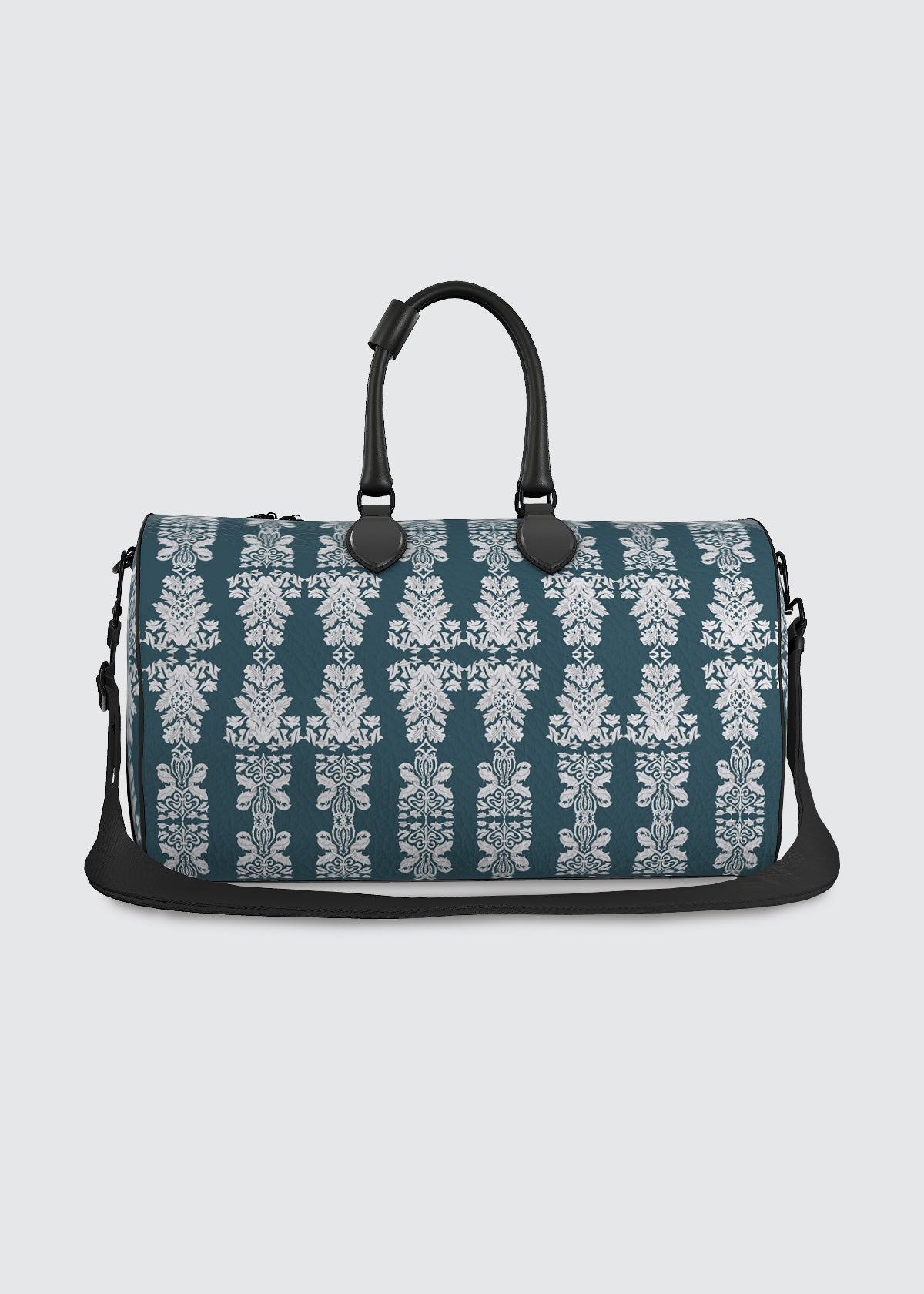 Teal blue duffel bag with white floral damask pattern 