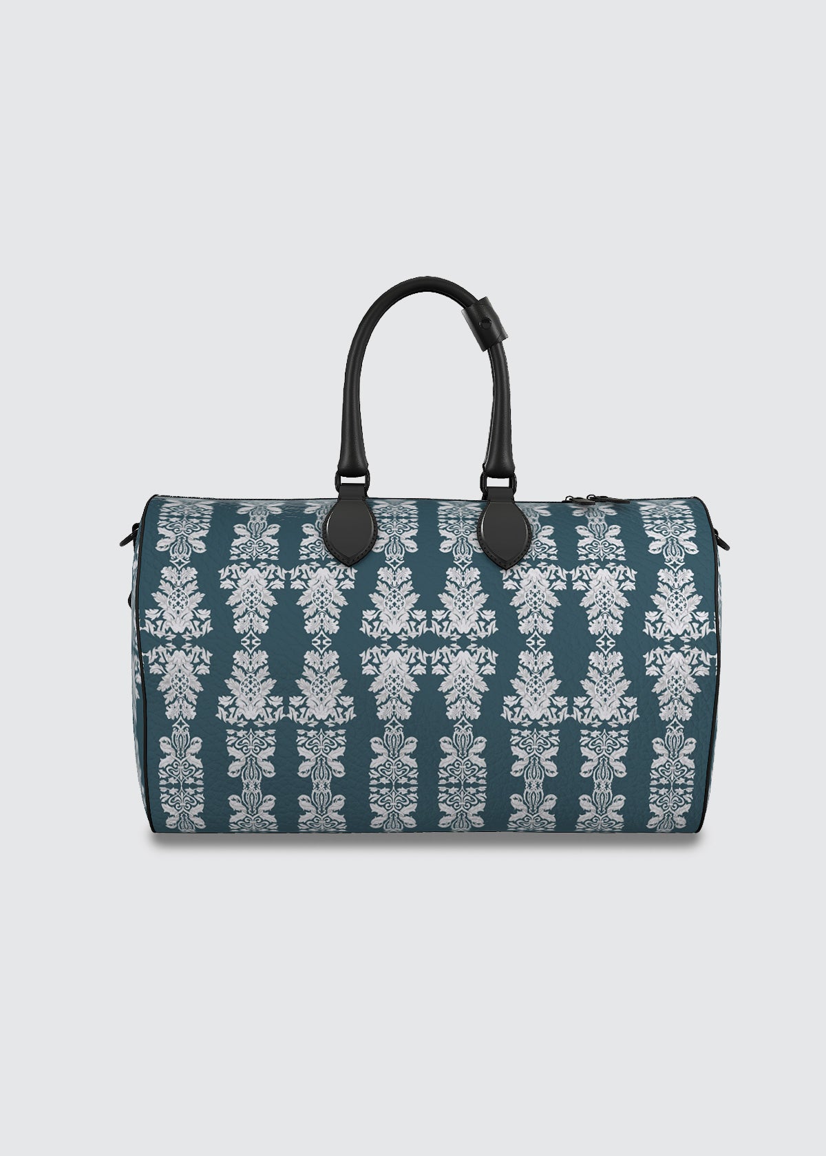 Teal blue duffel bag with white floral damask pattern