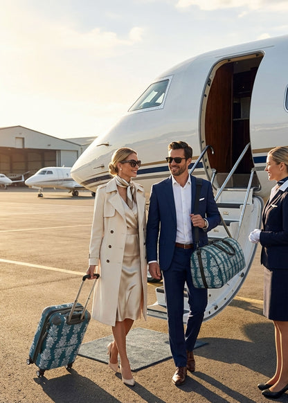 Two people boarding a private jet with a third person assisting, on an airport tarmac with a matching teal suitcase and dffle bag.