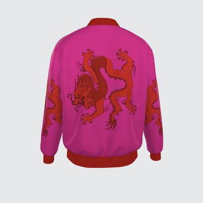 Back view of a bright Pink satin bomber jacket with red dragon pattern.