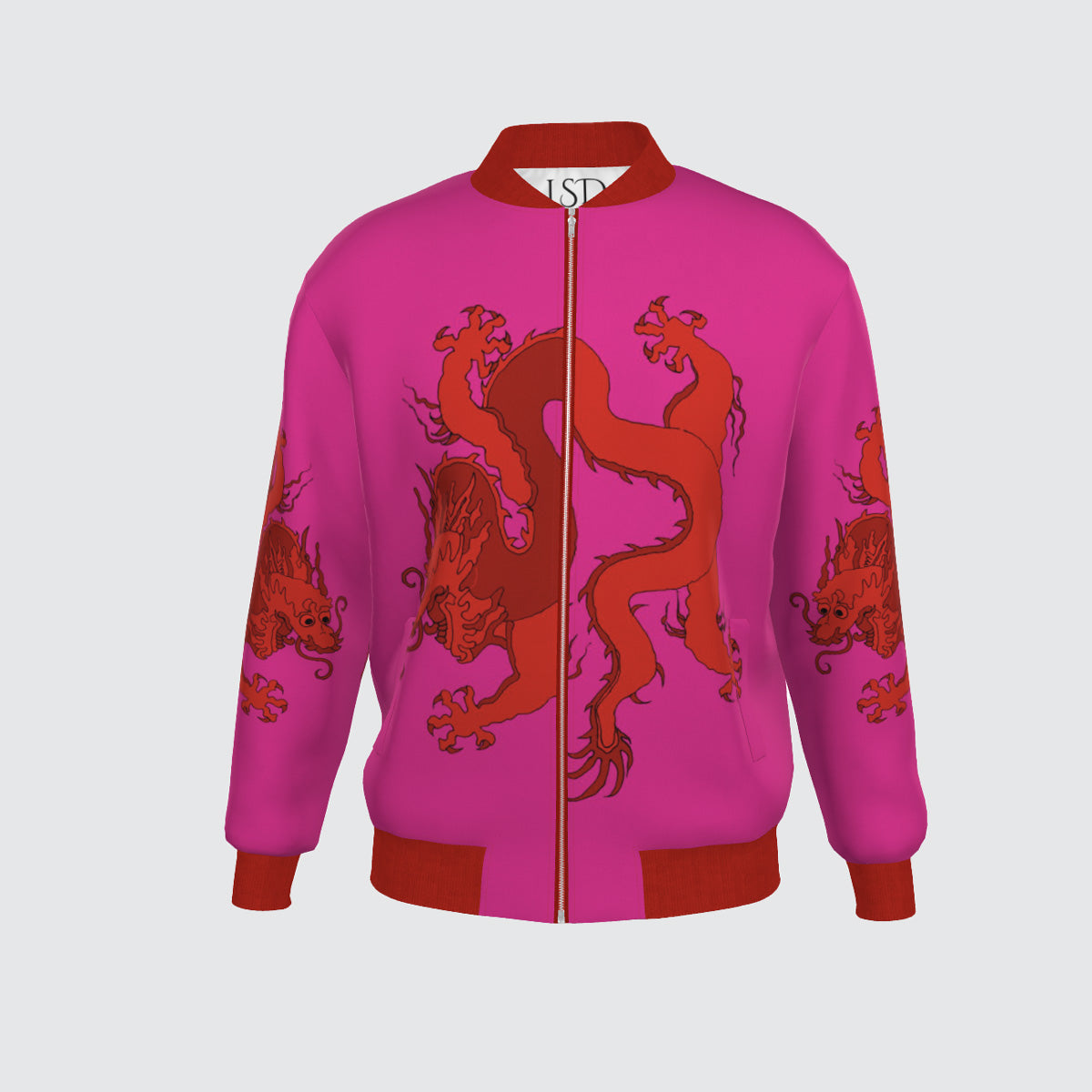 Hot Pink jacket with red dragon designsand red jersey edging.