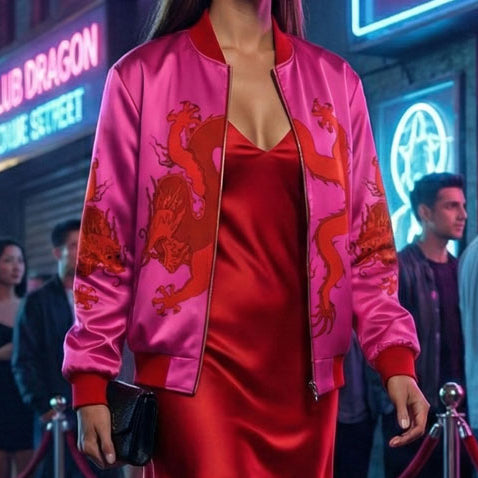 Bomber Jacket - Hot Pink with Red Dragon – Long Studio Design