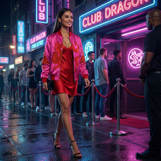 Bomber Jacket - Hot Pink with Red Dragon