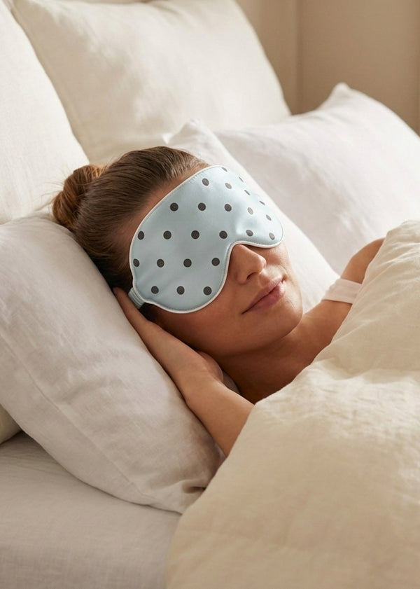 Woman wearing a light blue silk luxury sleep mask with black polka dots, lying in bed.