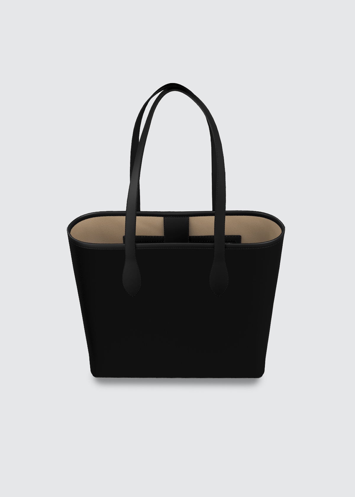 A black leather tote bag with long shoulder straps and a beige interior lining, shown against a light gray background.