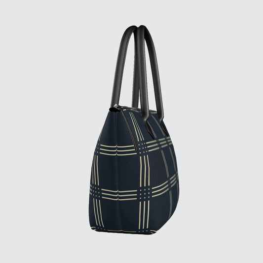 Handbag - Tote - Satin - Navy With Grid