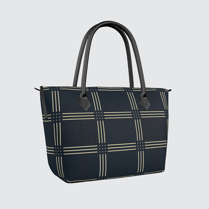 Handbag - Tote - Satin - Navy With Grid