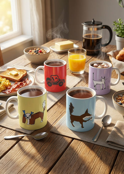 Breakfast scene with red, yellow, blue and violet kid's ceramic mugs featuring animal and a car designs on a wooden table.