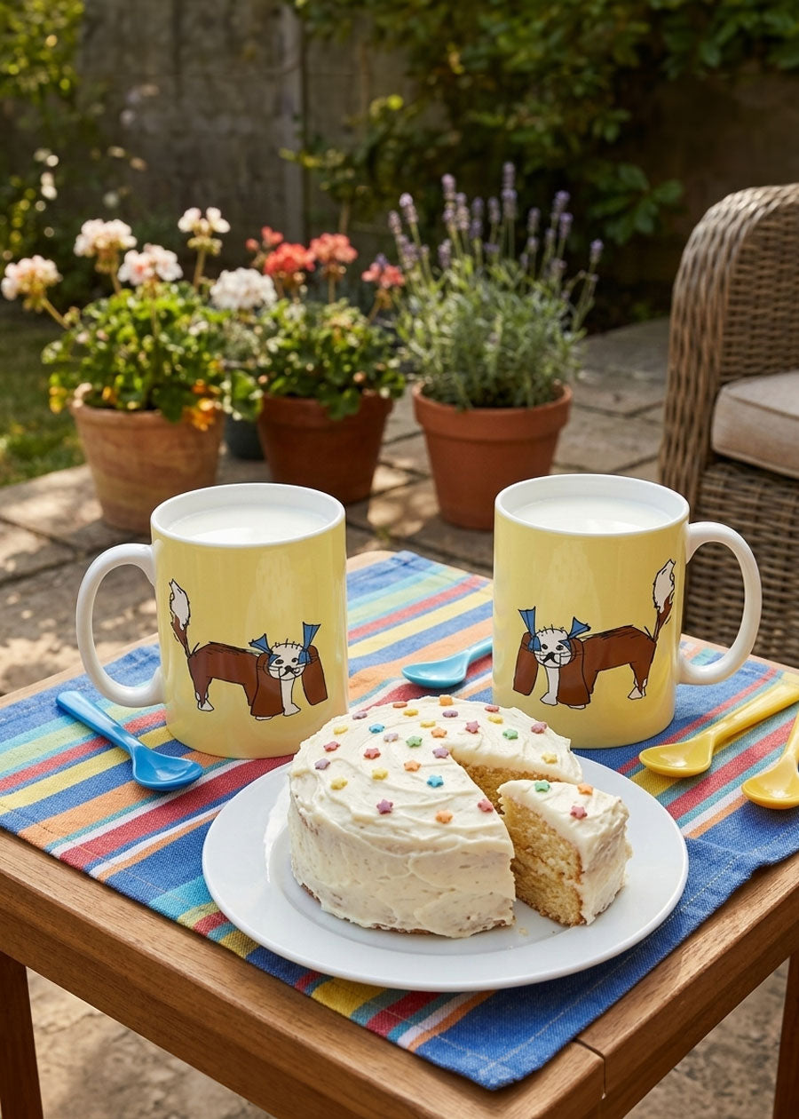 Two ceramic kid's mugs with a King Charles Cavalier dog design on a light yellow background.