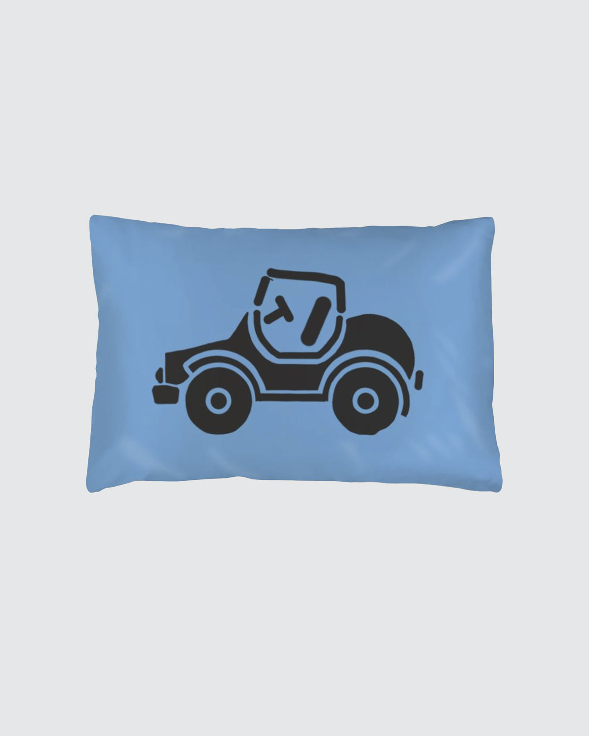 Blue silk children's pillowcase with a black car design.