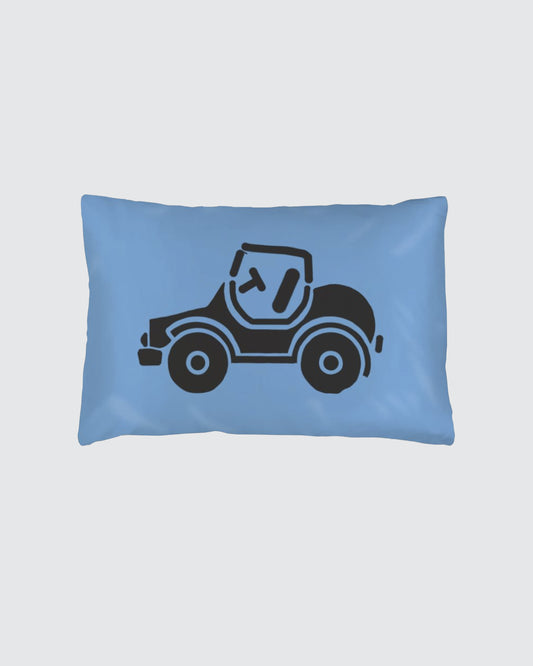 Blue silk children's pillowcase with a black car design.