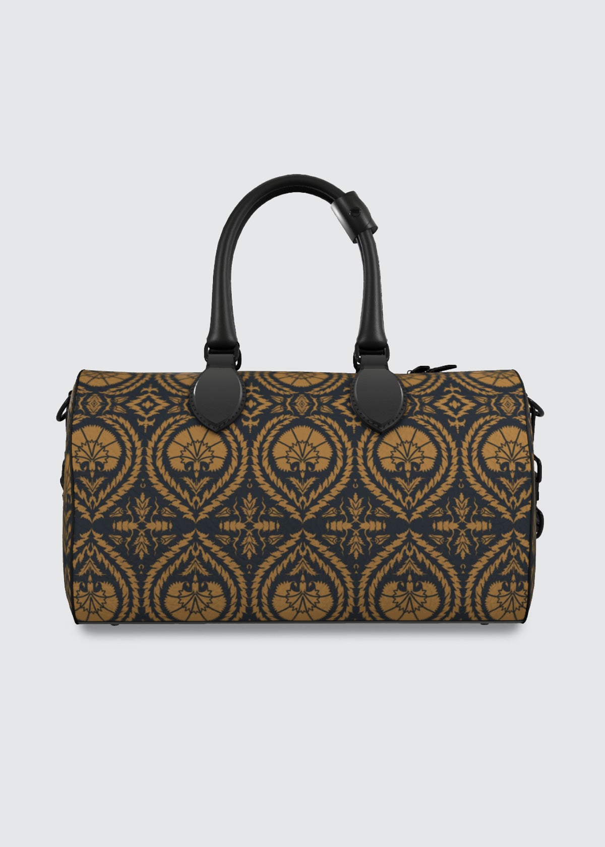 A structured duffel bag with a navy blue and ochre ornate patterned body, featuring dual black top handles and a black zipper closure, shown against a light gray background.